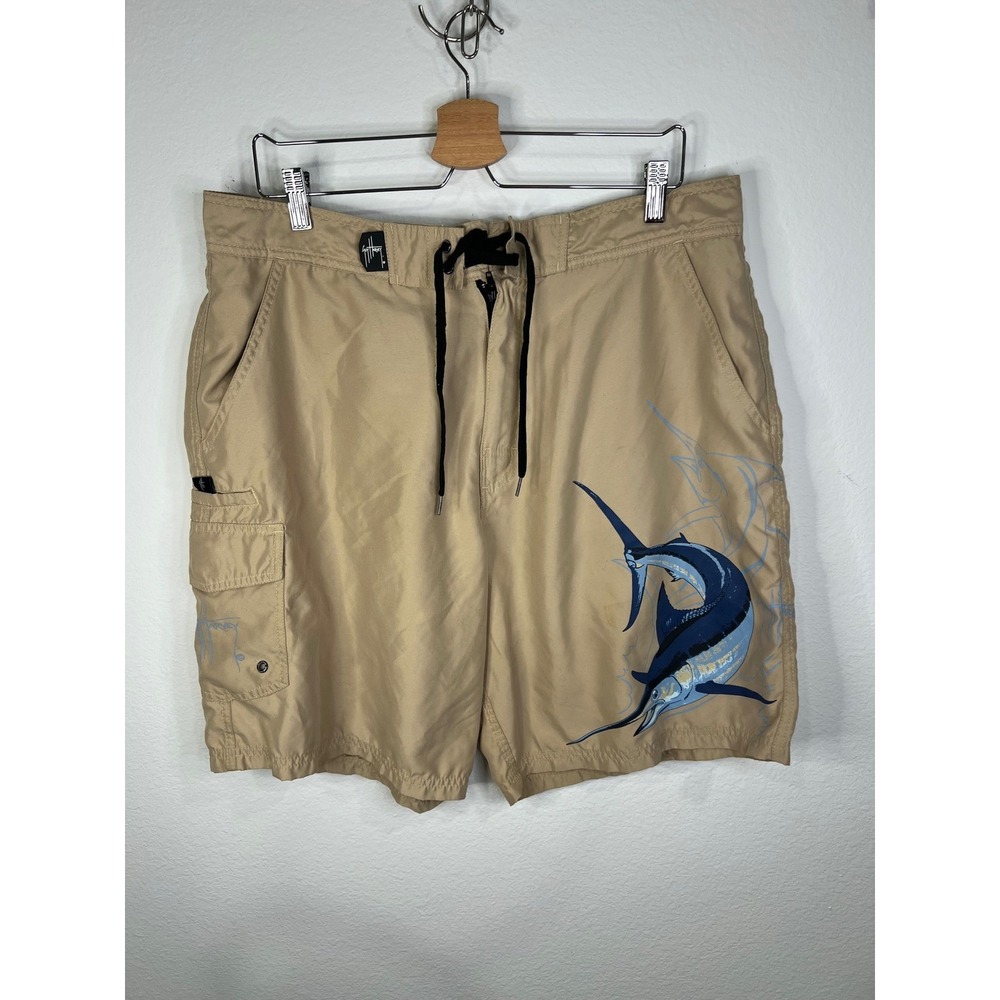 Guy Harvey Mens Board Shorts Marlin Graphic Cargo Pocket Tan Size 36